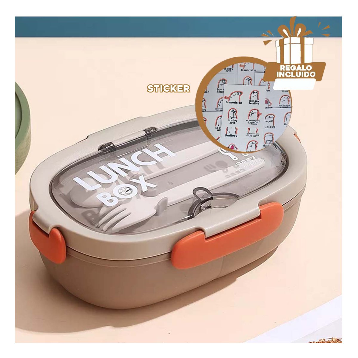 RECIPIENTE 850ML CON CUBIERTOS MARRON PARA GUARDAR SNACKS FACIL TRABAJO Y+REGALO STICKER - 1