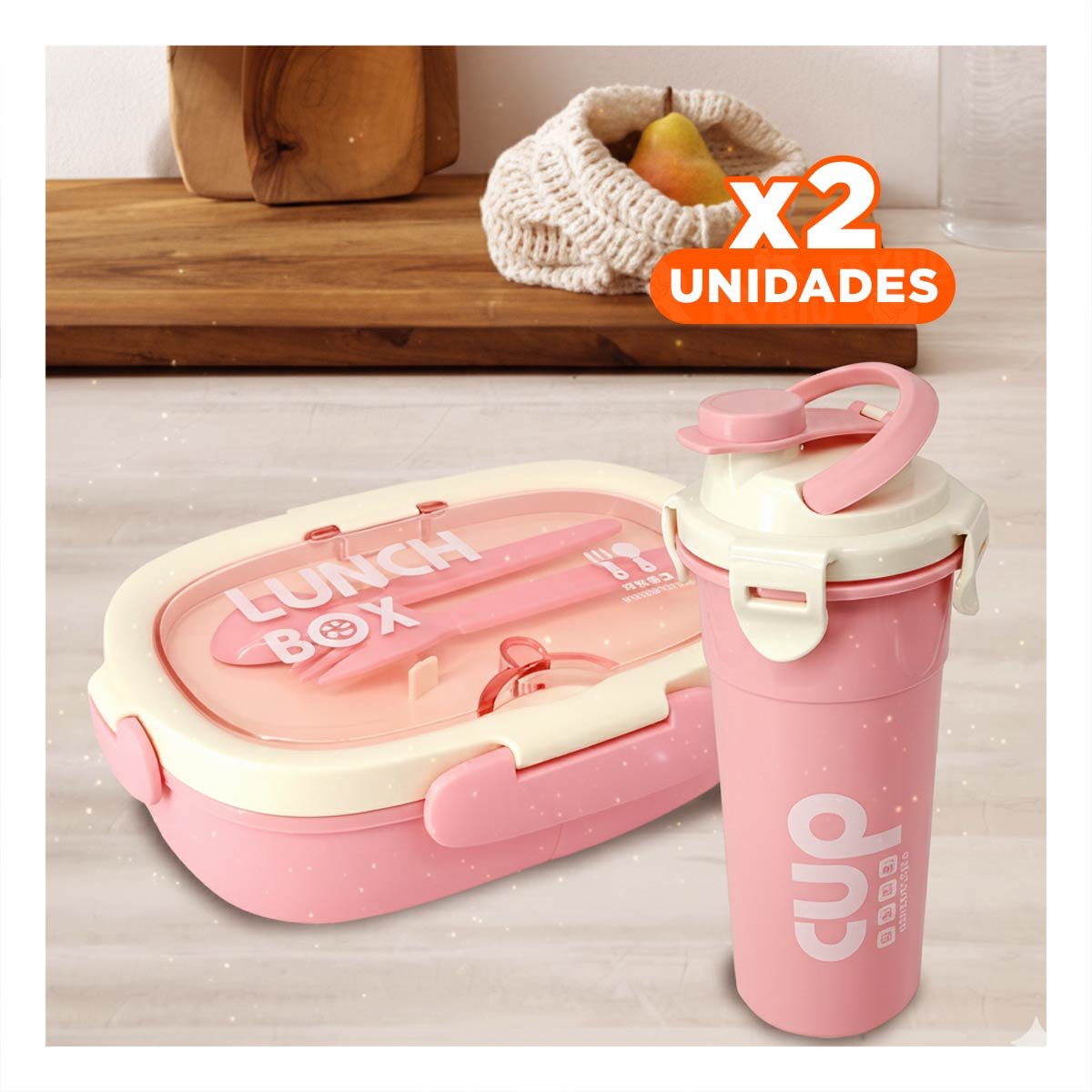 PACK2 CAJA ALMUERZO 850ML CON CUBIERTOS Y TOMATODO 480ML ROSADO PARA OFICINA Y+REGALO STICKER - 1