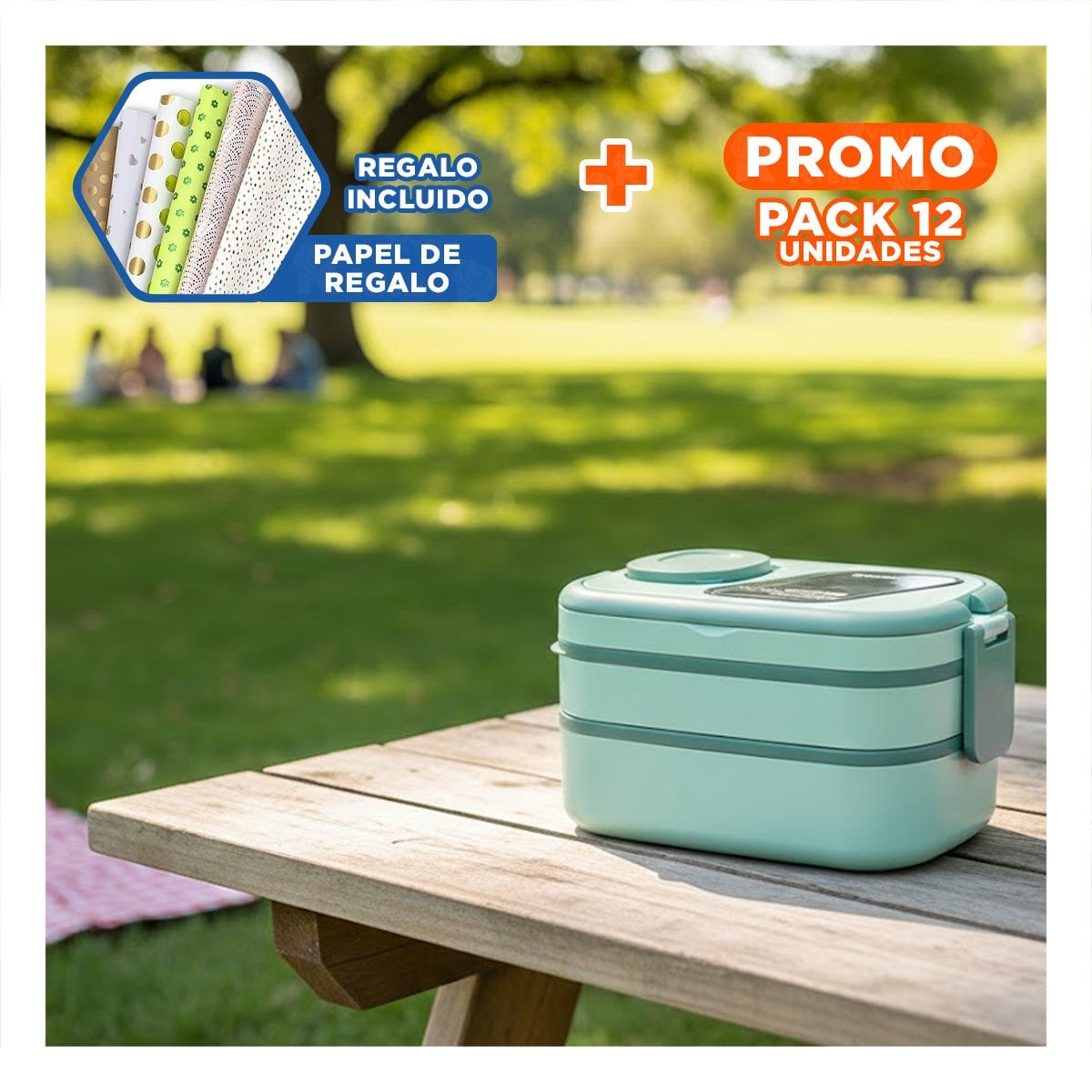 PACK12 KIT ALMUERZO 2 PISOS CON COMPARTIMIENTOS Y CUBIERTOS VERDE GUARDAR SNACKS Y+PAPEL REGALO - 1