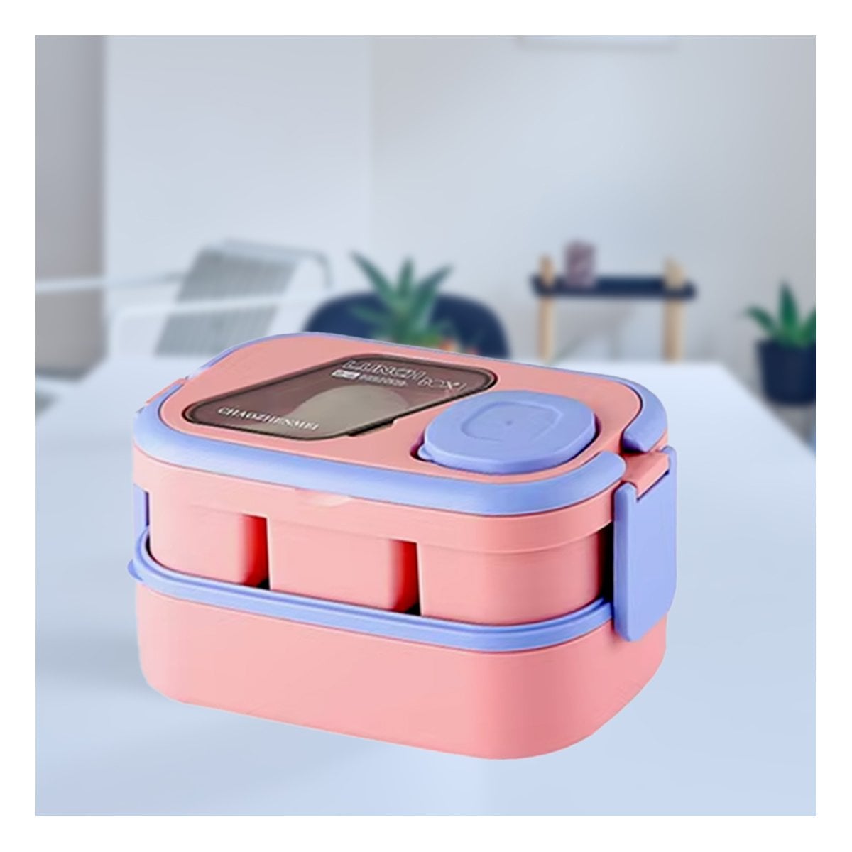 ENVASE DOBLE PISO CON COMPARTIMIENTOS Y CUBIERTOS ROSADO Y LILA PARA HOGAR - 2