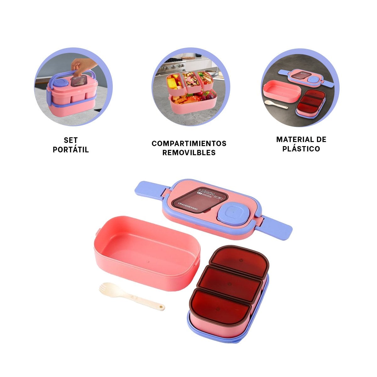 ENVASE DOBLE PISO CON COMPARTIMIENTOS Y CUBIERTOS ROSADO Y LILA PARA HOGAR - 3