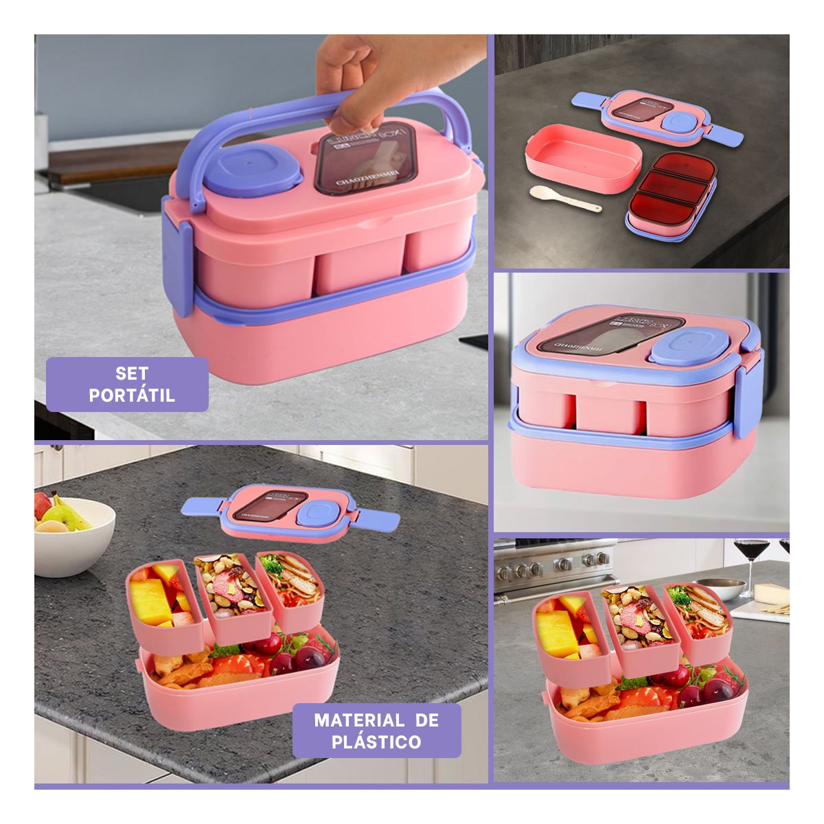 ENVASE DOBLE PISO CON COMPARTIMIENTOS Y CUBIERTOS ROSADO Y LILA PARA HOGAR - 5