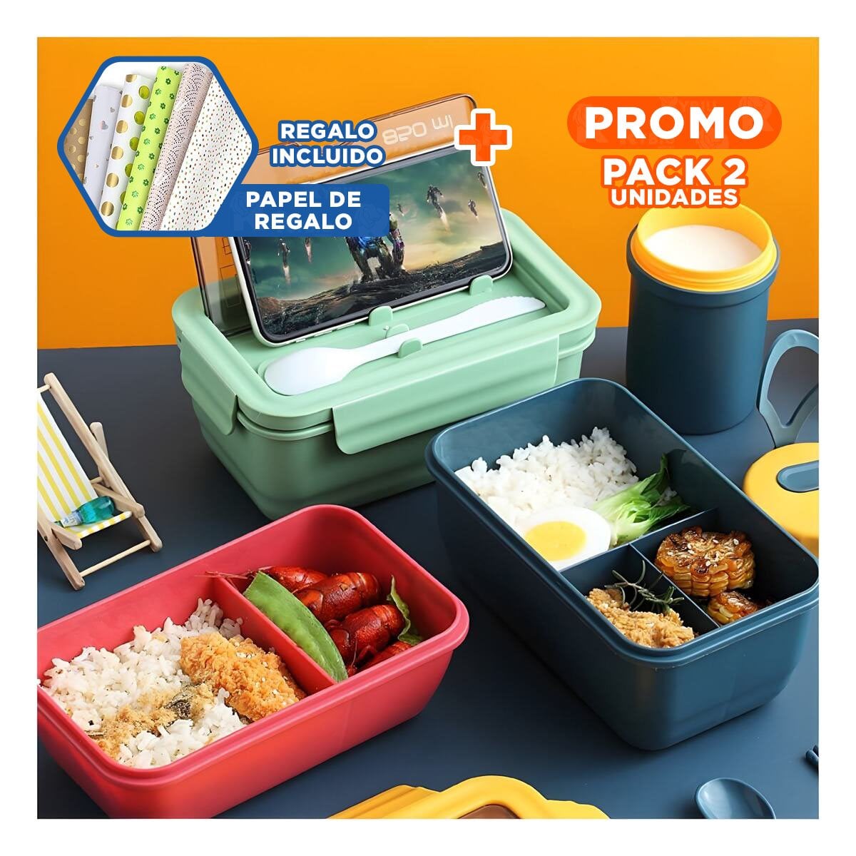 PACK2 BOTE PRÁCTICO 850ML CON CUBIERTOS VERDE PARA COCINA Y COMIDAS FAMILIARES Y+PAPEL REGALO - 1