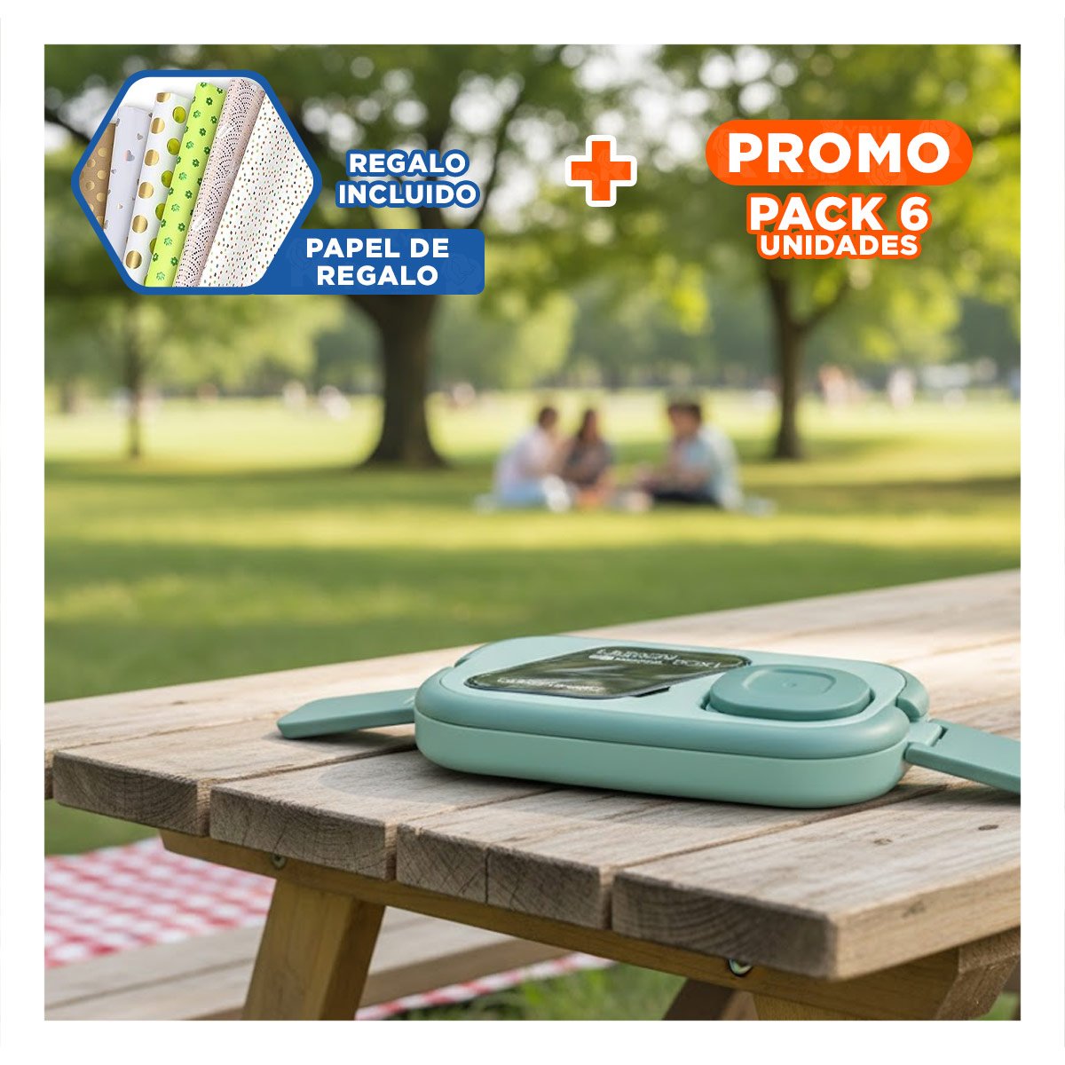 PACK6 SET ALMUERZO 2 PISOS CON COMPARTIMIENTOS Y CUBIERTOS VERDE PARA ALMUERZOS Y+PAPEL REGALO - 1
