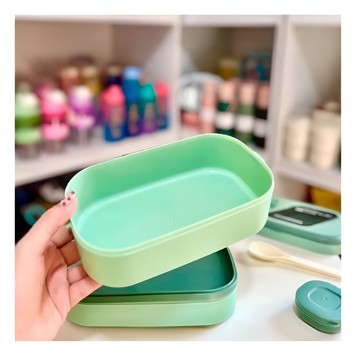 PACK6 SET ALMUERZO 2 PISOS CON COMPARTIMIENTOS Y CUBIERTOS VERDE PARA ALMUERZOS Y+PAPEL REGALO - 5