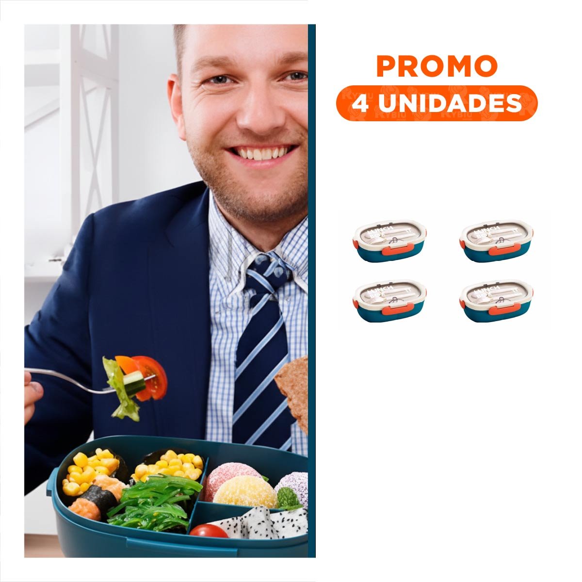 PACK4 SET ALMUERZO 850ML CON CUBIERTOS CREMA Y AZUL MARINO GUARDAR SNACKS Y+REGALO STICKER - 1