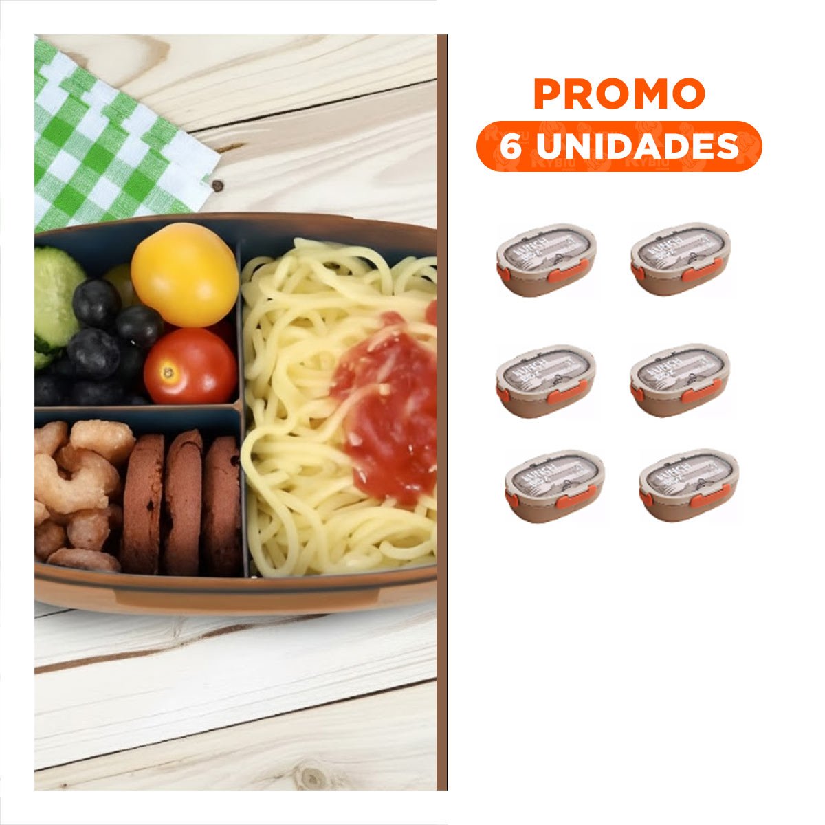 PACK6 SET ALMUERZO 850ML CON CUBIERTOS MARRON PARA TRANSPORTE COMIDA TRABAJO - 1