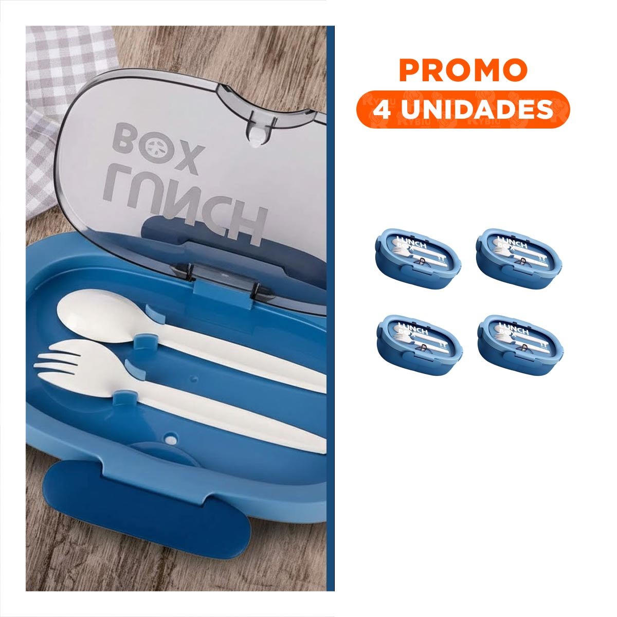 PACK4 ENVASE 850ML CON CUBIERTOS AZUL PARA GUARDAR SNACKS DIARIO EN TRABAJO Y+REGALO STICKER - 1