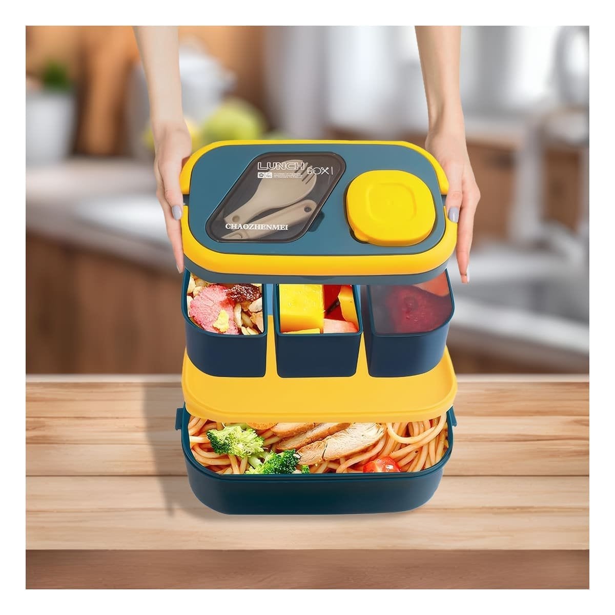 ENVASE PRÁCTICO CON CUBIERTOS 2 PISOS AZUL Y AMARILLO PARA TRANSPORTE DE COMIDA Y+LIGAS REGALO - 2