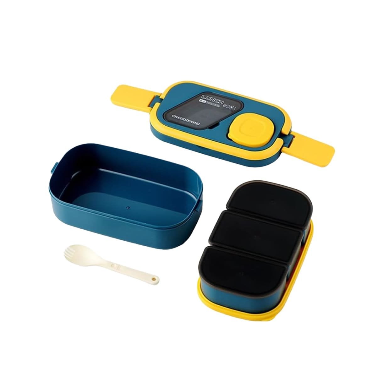ENVASE PRÁCTICO CON CUBIERTOS 2 PISOS AZUL Y AMARILLO PARA TRANSPORTE DE COMIDA Y+LIGAS REGALO - 3