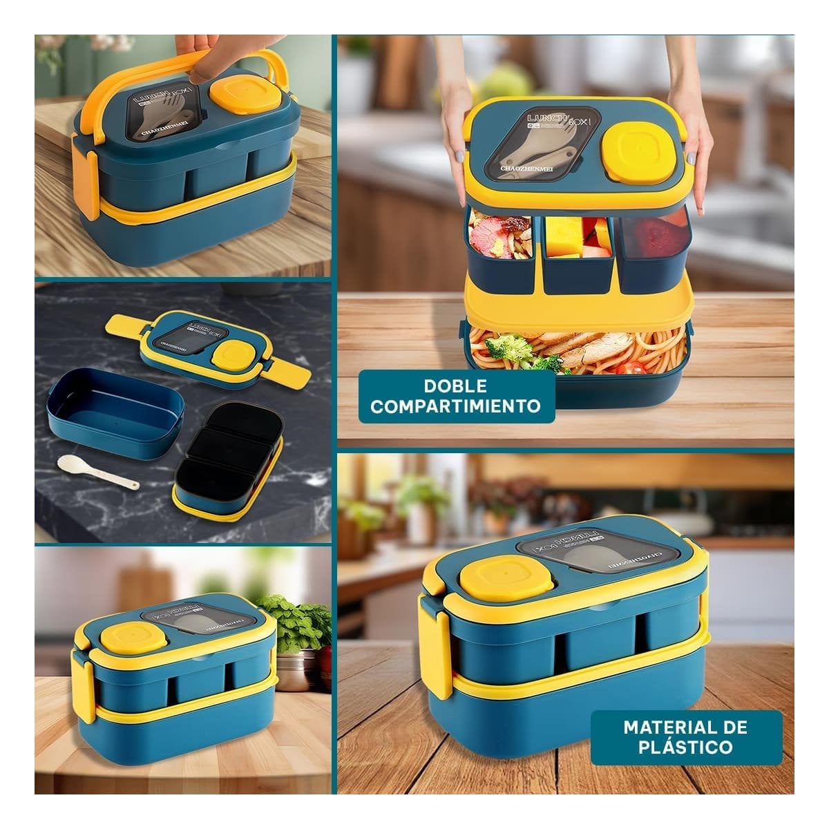 ENVASE PRÁCTICO CON CUBIERTOS 2 PISOS AZUL Y AMARILLO PARA TRANSPORTE DE COMIDA Y+LIGAS REGALO - 5