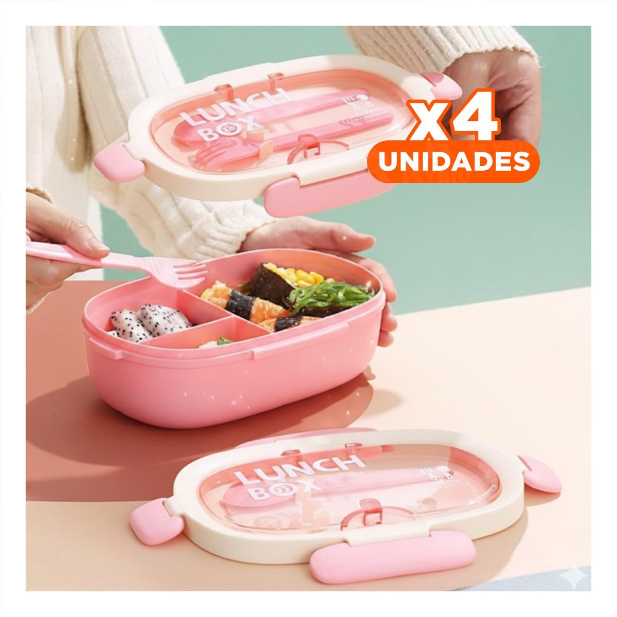 PACK4 SET ALMUERZO 850ML CON CUBIERTOS Y TOMATODO 480ML ROSADO PARA HOGAR - 1