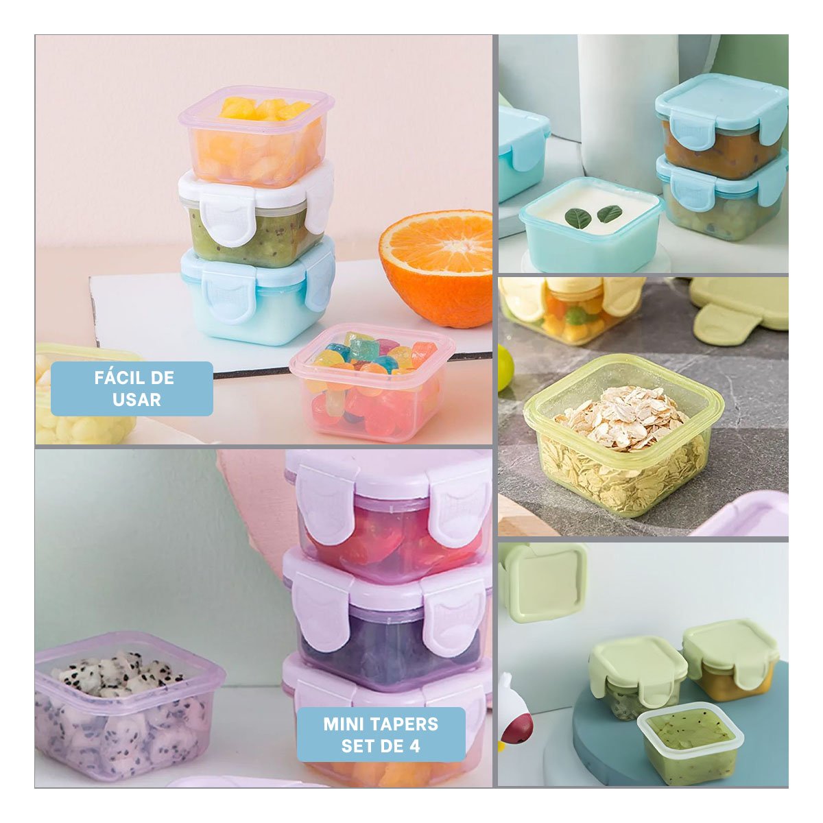 ENVASES MINI CON SEGURO 4 PIEZAS MULTICOLOR 6,2X4CM PARA COCINA Y TRANSPORTE FÁCIL - 5