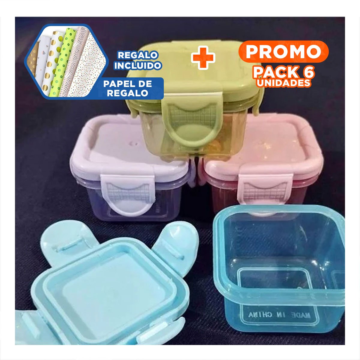 PACK6 POTES MINI CON SEGURO 4 PIEZAS MULTICOLOR 6,2X4CM PARA GUARDAR SNACKS Y+PAPEL REGALO - 1