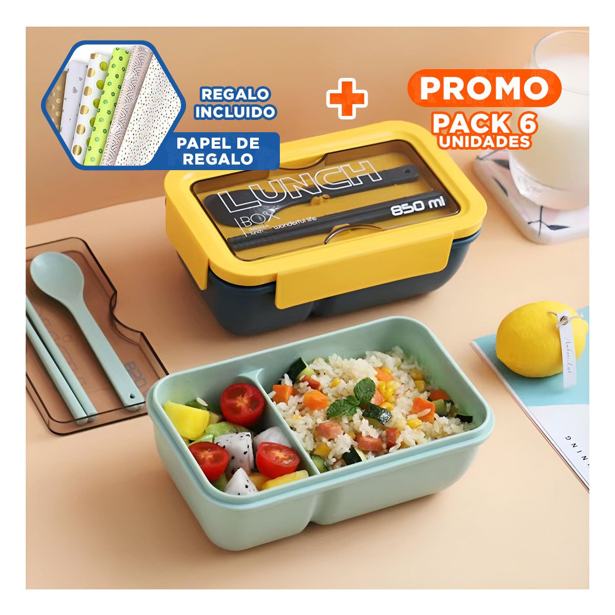 PACK6 POTE PORTÁTIL 850ML CON CUBIERTOS AZUL Y AMARILLO PARA COCINA FAMILIAR Y+PAPEL REGALO - 1