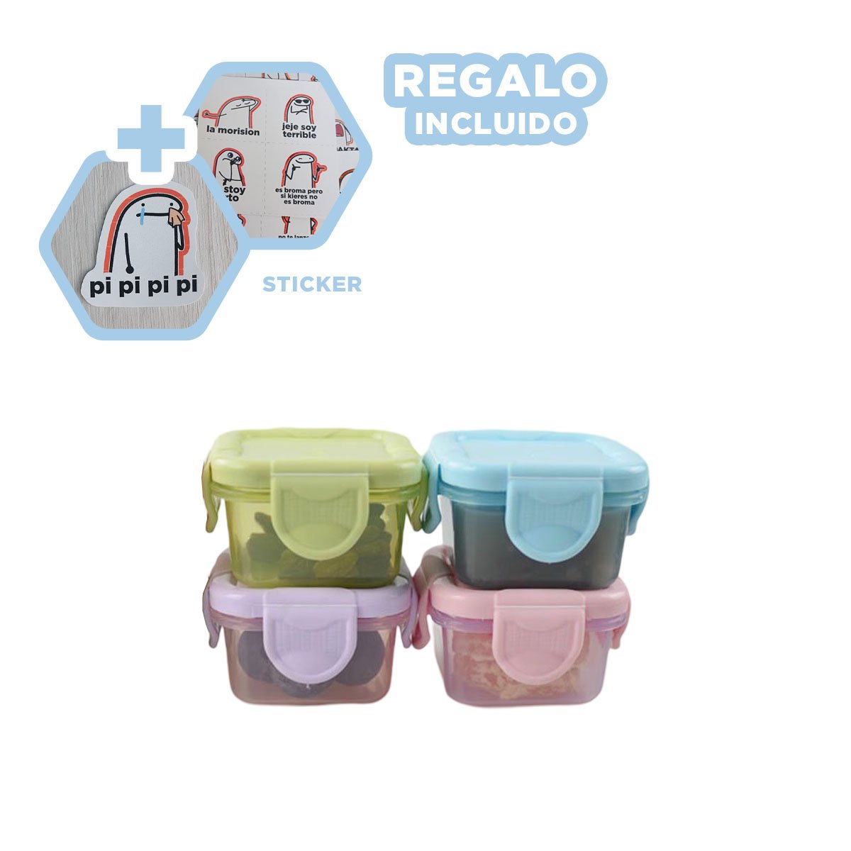 ENVASES MINI CON SEGURO 4 PIEZAS MULTICOLOR 6,2X4CM PARA USO DIARIO EN HOGAR Y+REGALO STICKER - 1