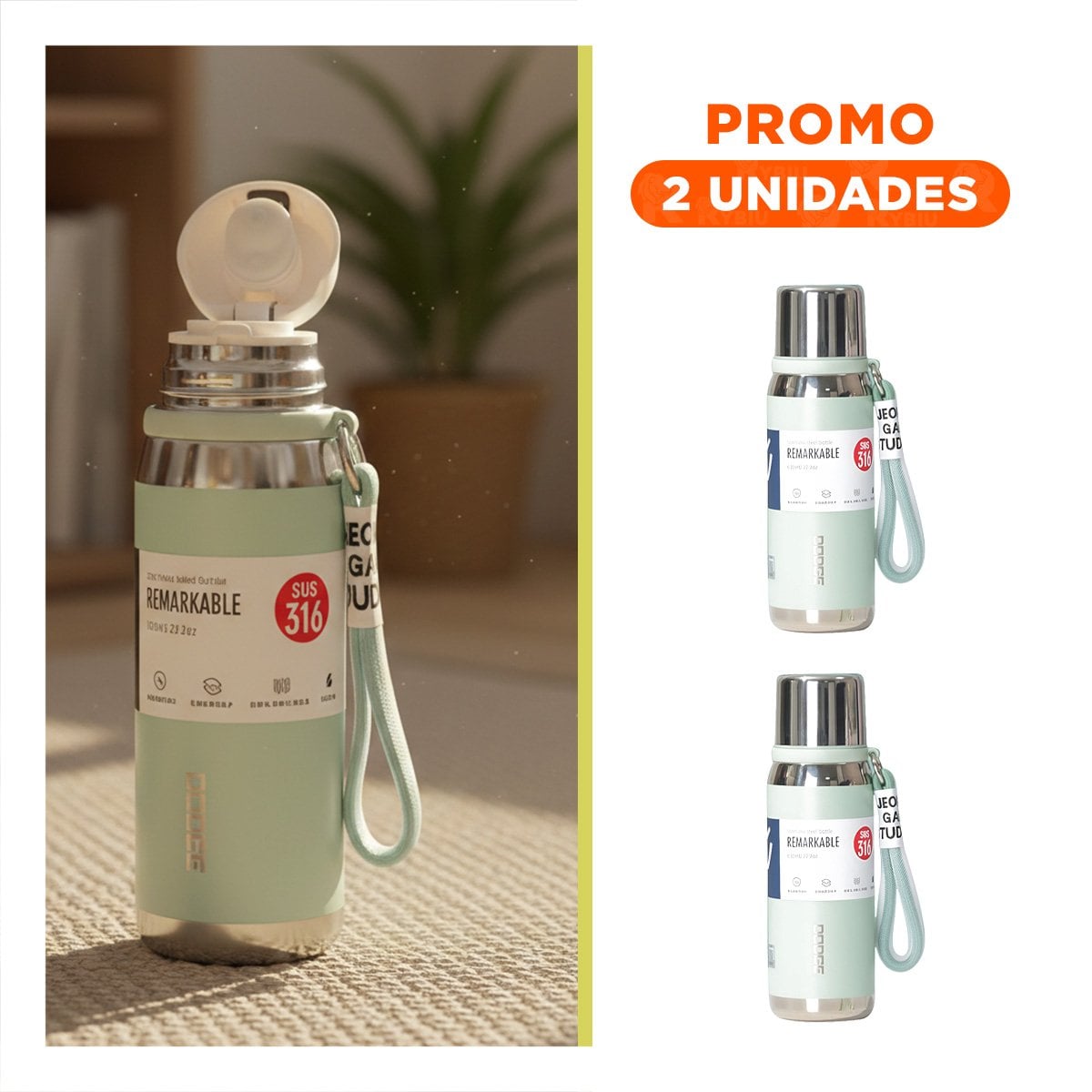 PACK2 FRASCO VERDE AGUA 800ML PARA BEBIDAS FRÍAS Y CALIENTES EN OFICINA Y HOGAR - 1