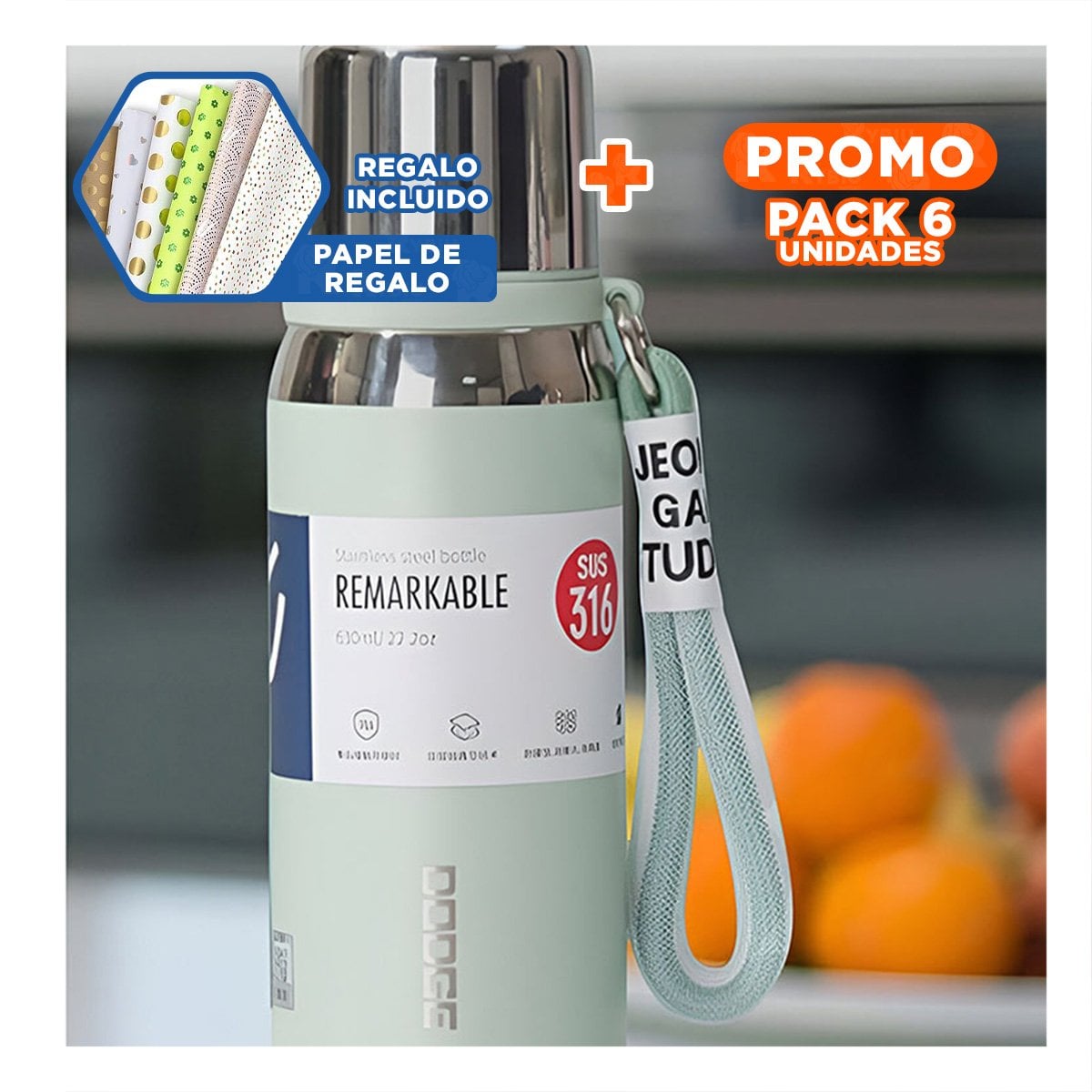 PACK6 CONTENEDOR VERDE AGUA 800ML CON TAPA HERMÉTICA PARA TRANSPORTE DE BEBIDAS Y+PAPEL REGALO - 1