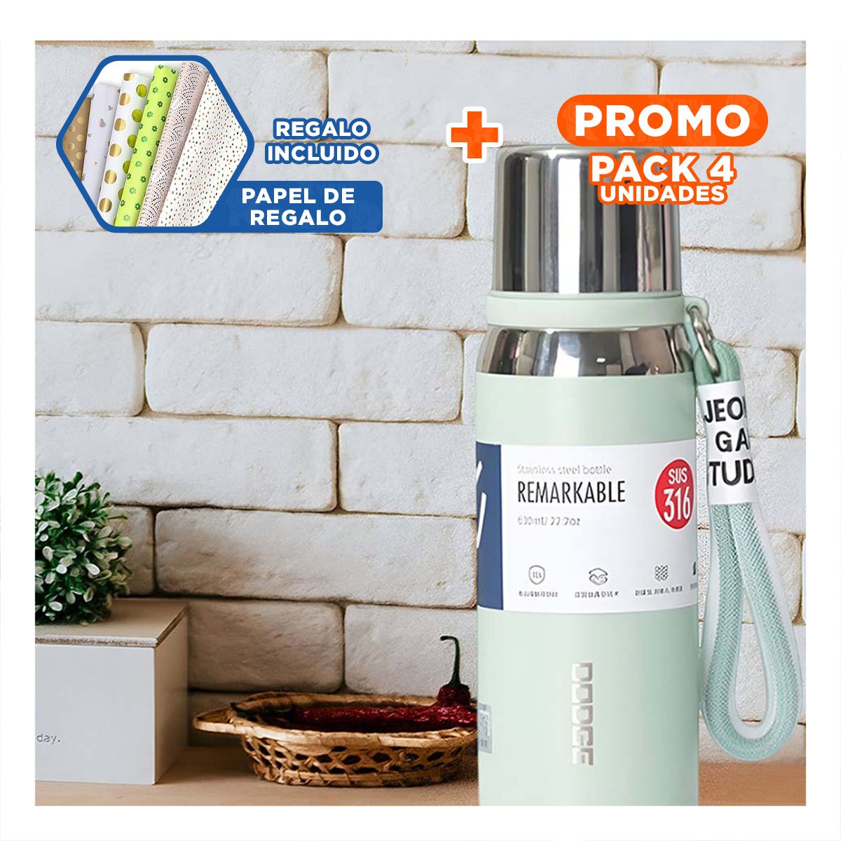 PACK4 ENVASE VERDE AGUA 800ML CON TAPA SEGURA PARA CAFÉ TÉ Y BEBIDAS CALIENTES Y+PAPEL REGALO - 1