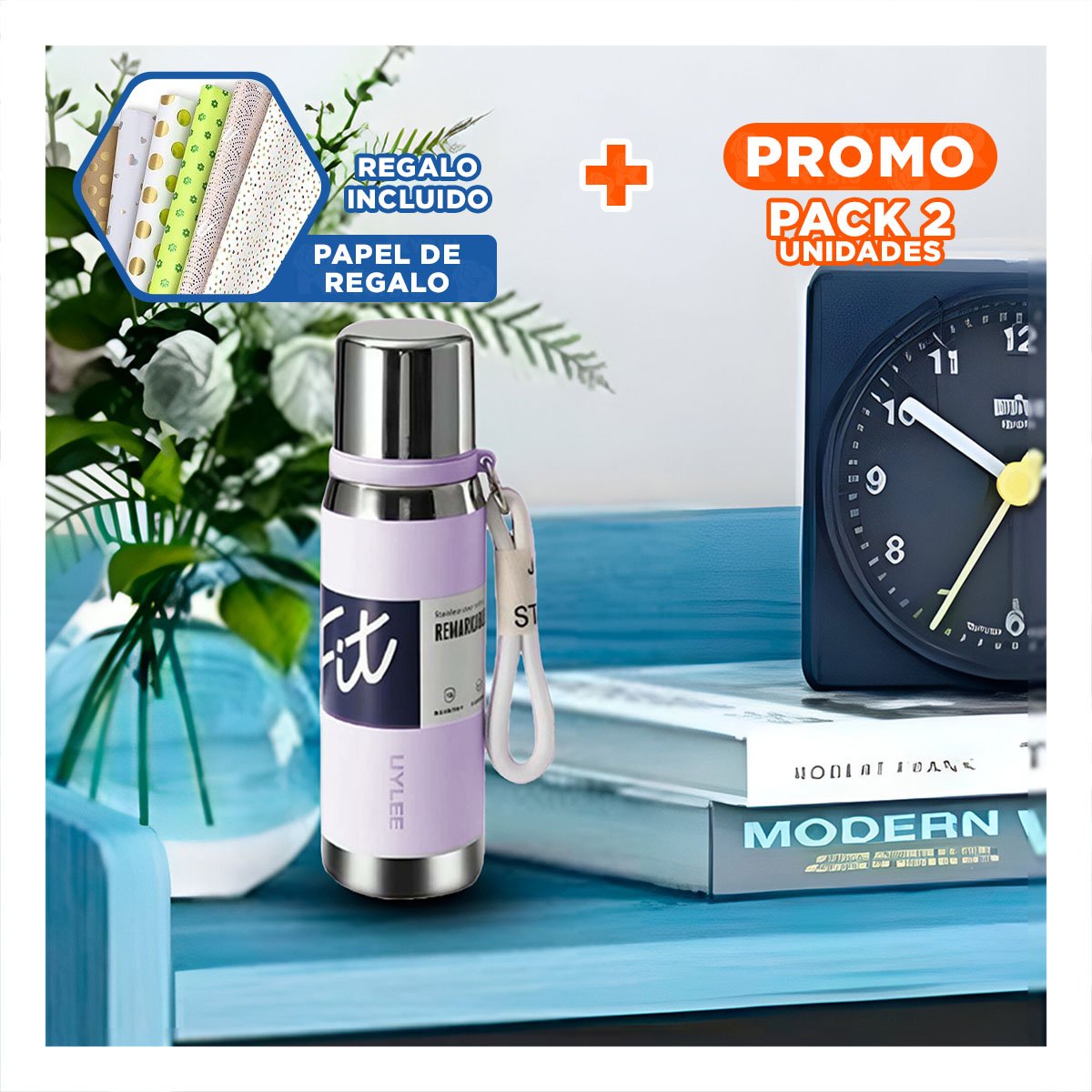 PACK2 ENVASE LILA 800ML PARA BEBIDAS FRÍAS Y CALIENTES EN OFICINA Y HOGAR Y+PAPEL REGALO - 1