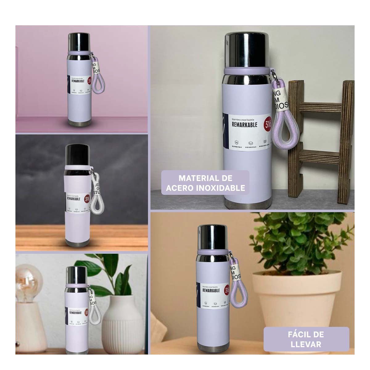 BOTELLA TÉRMICA LILA 800ML PARA TRANSPORTE FÁCIL DE BEBIDAS DIARIAS Y+POST IT - 1