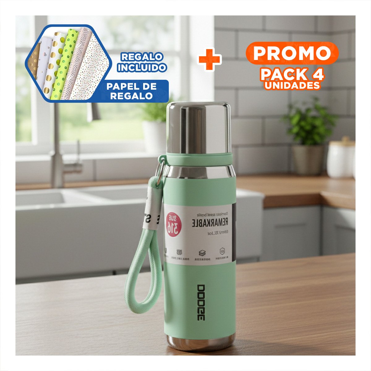 PACK4 ENVASE VERDE AGUA 500ML CON TAPA SEGURA PARA CAFÉ TÉ Y BEBIDAS CALIENTES Y+PAPEL REGALO - 1