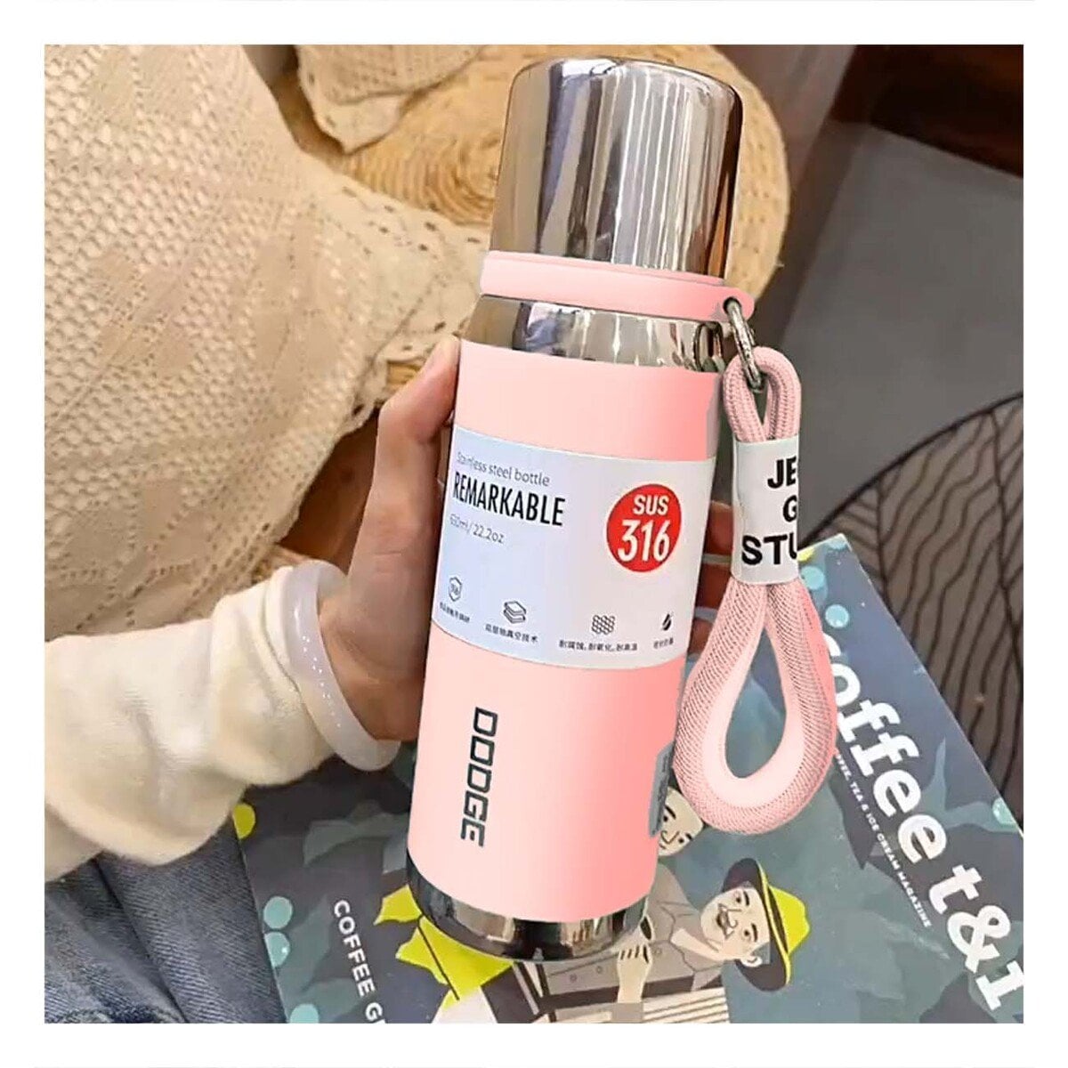 BOTELLA TÉRMICA ROSADO 500ML CON TAPA HERMÉTICA PARA TRANSPORTE DE BEBIDAS Y+PAPEL REGALO - 5