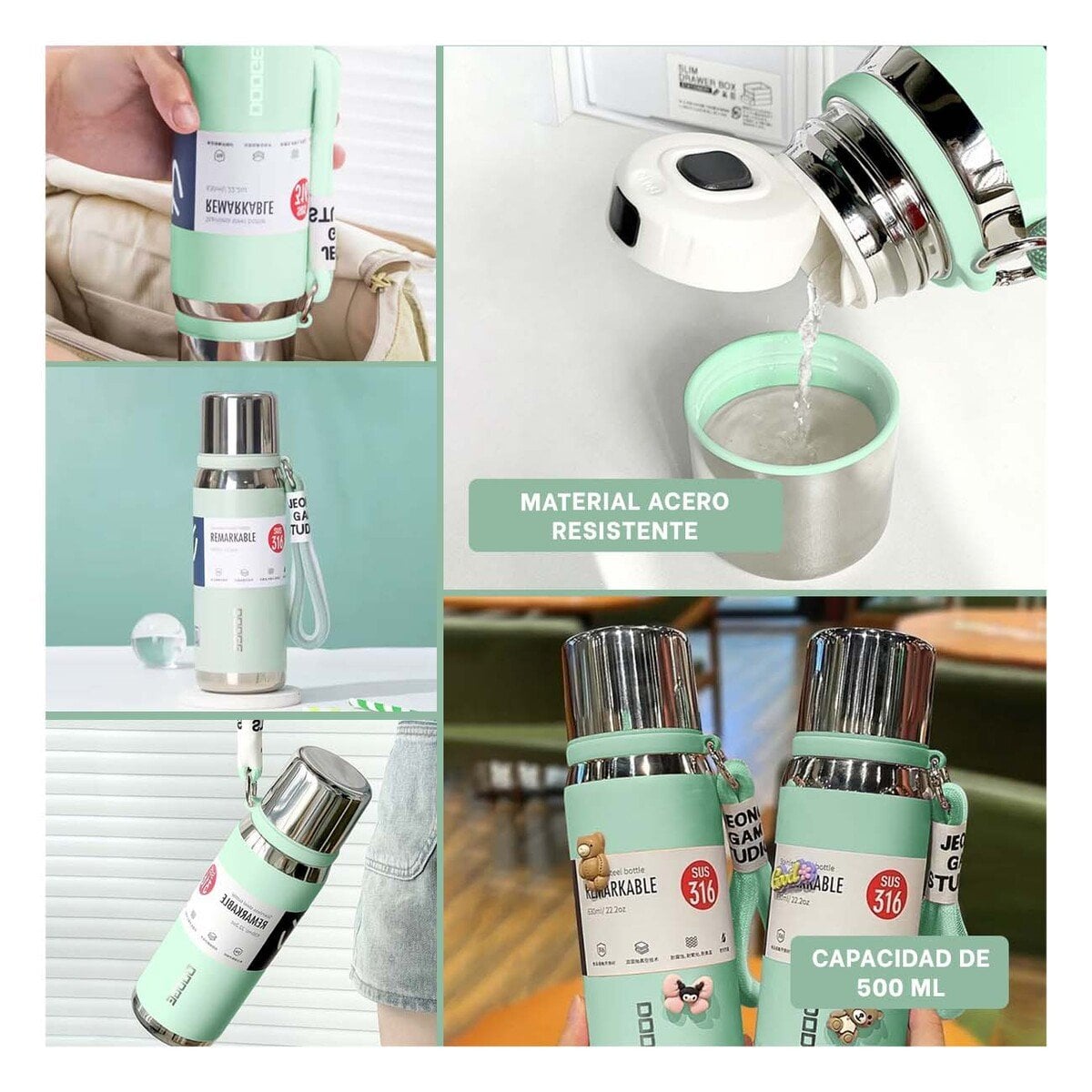 BOTELLA TÉRMICA VERDE AGUA 500ML PARA TRANSPORTE FÁCIL DE BEBIDAS DIARIAS Y+POST IT - 1