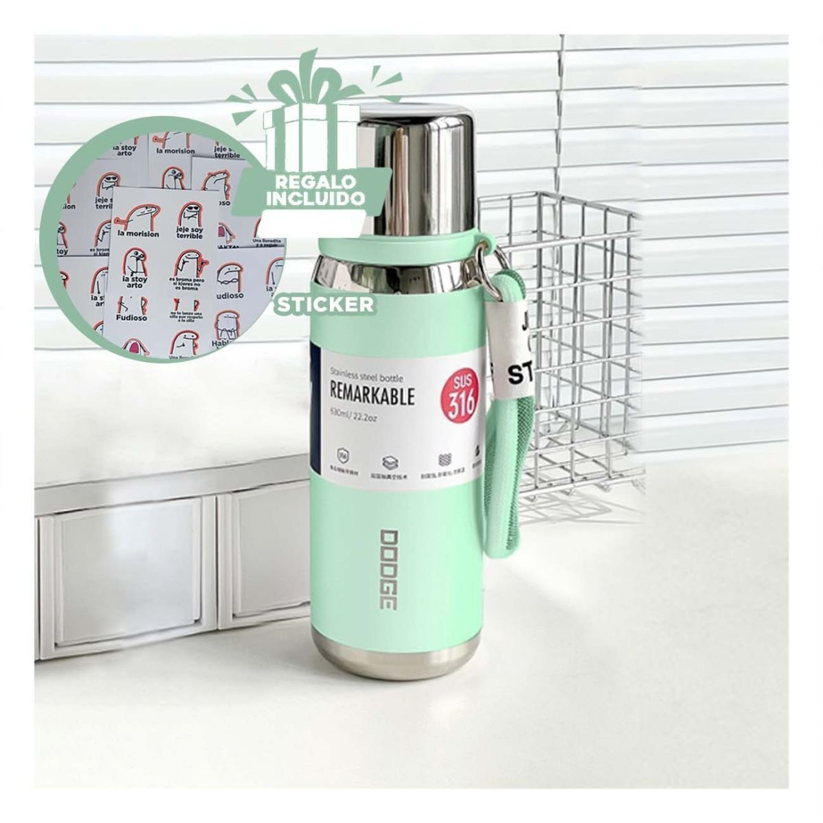 BOTELLA TÉRMICA VERDE AGUA 500ML PARA BEBIDAS CALIENTES Y FRÍAS EN HOGAR Y+REGALO STICKER - 1