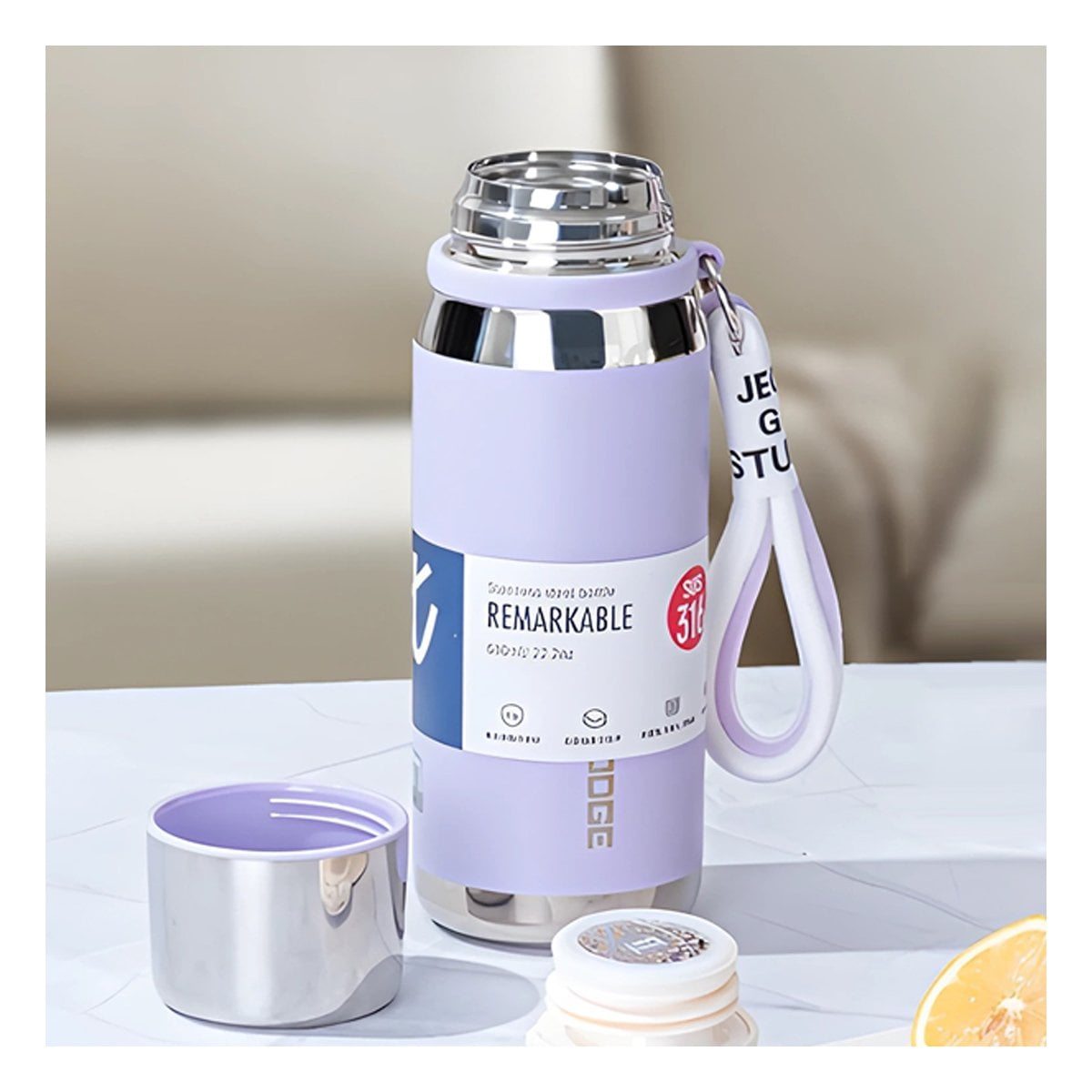 BOTELLA TÉRMICA LILA 500ML CON TAPA SEGURA PARA CAFÉ TÉ Y JUGOS Y+LIGAS REGALO - 1