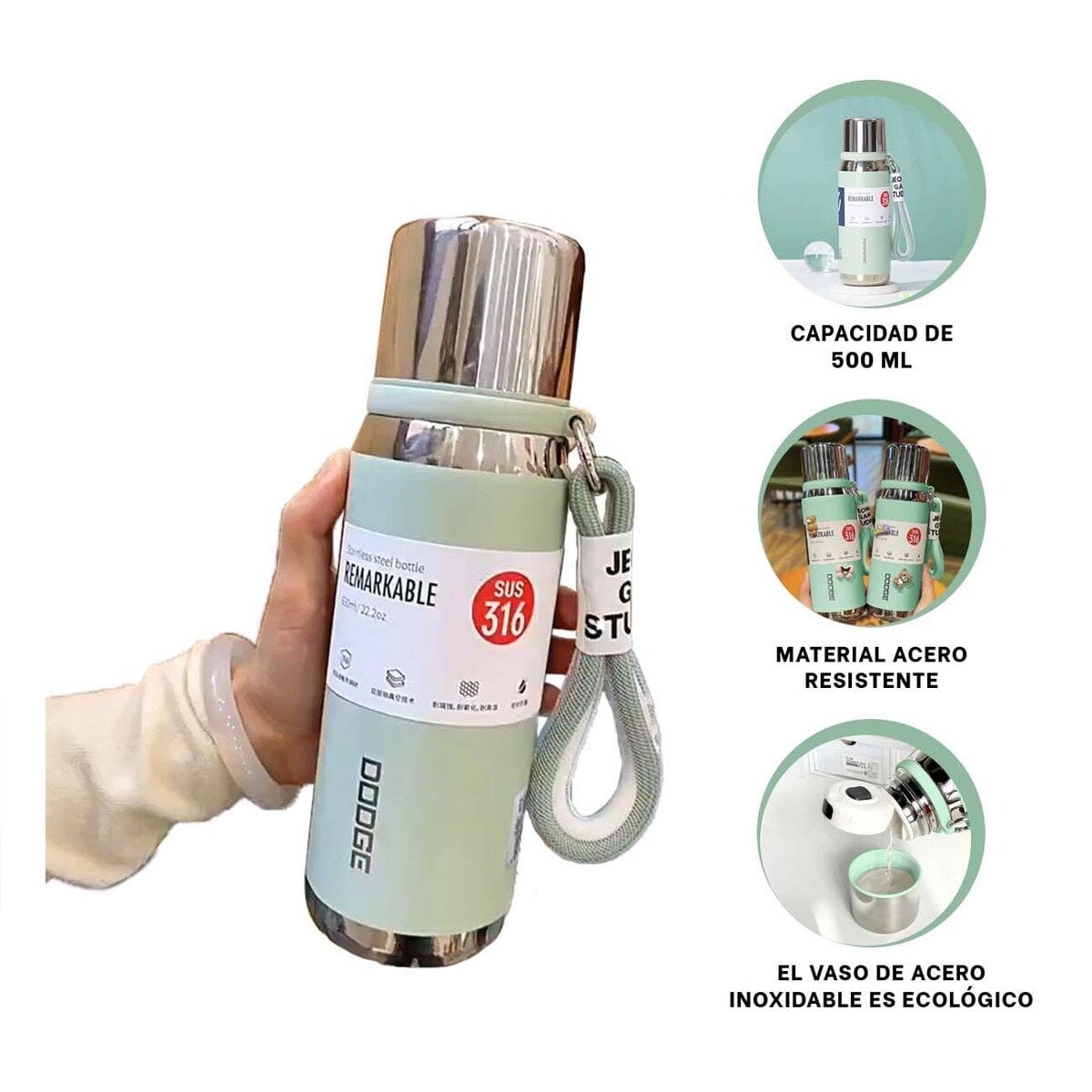 BOTELLA TÉRMICA COLOR VERDE AGUA 500ML PARA CAFÉ TÉ Y USO DIARIO EN OFICINA - 3