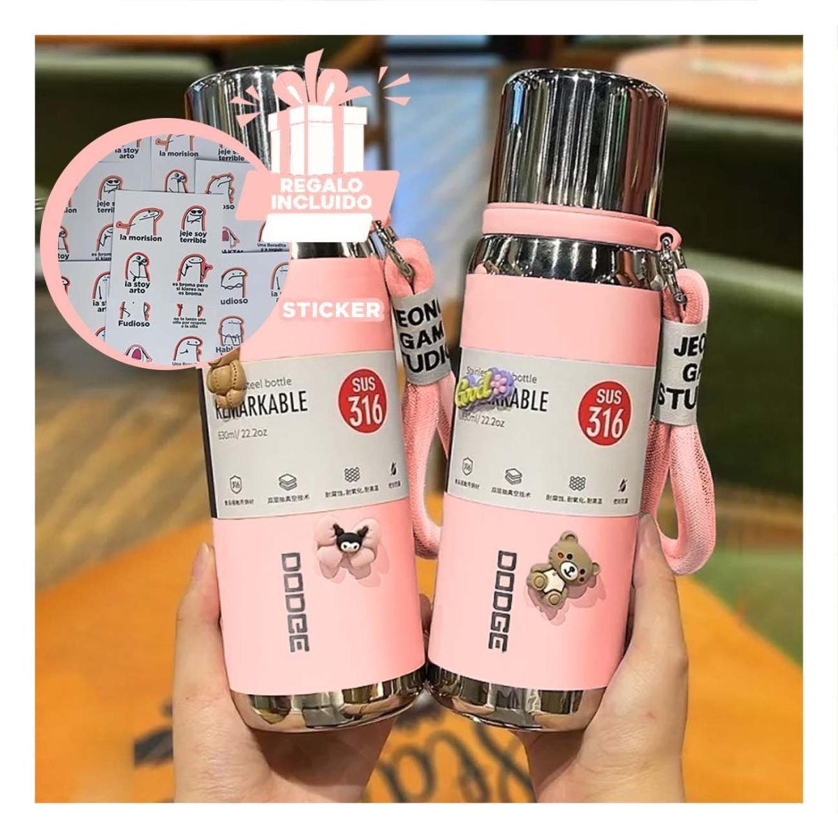 BOTELLA TÉRMICA ROSADO 500ML PARA BEBIDAS CALIENTES Y FRÍAS EN HOGAR Y+REGALO STICKER - 1