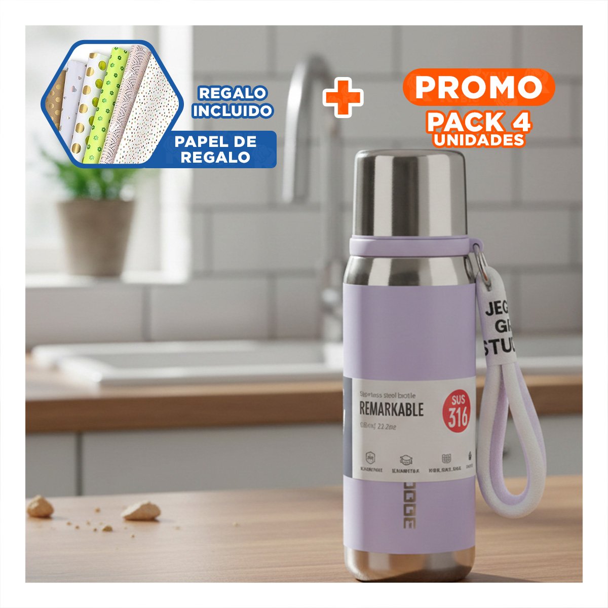 PACK4 ENVASE LILA 500ML CON TAPA SEGURA PARA CAFÉ TÉ Y BEBIDAS CALIENTES Y+PAPEL REGALO - 1