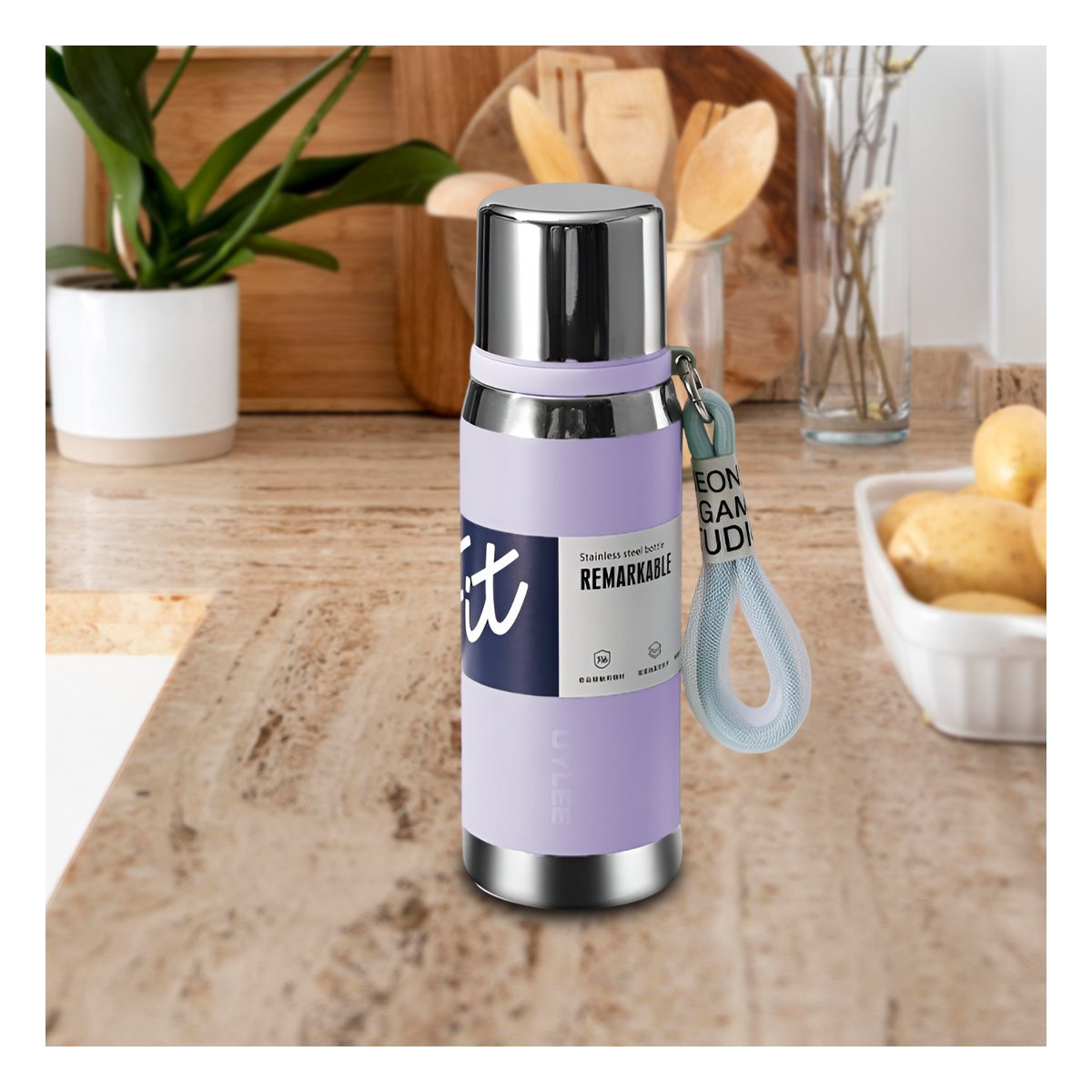 BOTELLA TÉRMICA LILA 800ML CON TAPA HERMÉTICA PARA TRANSPORTE DE BEBIDAS Y+PAPEL REGALO - 5