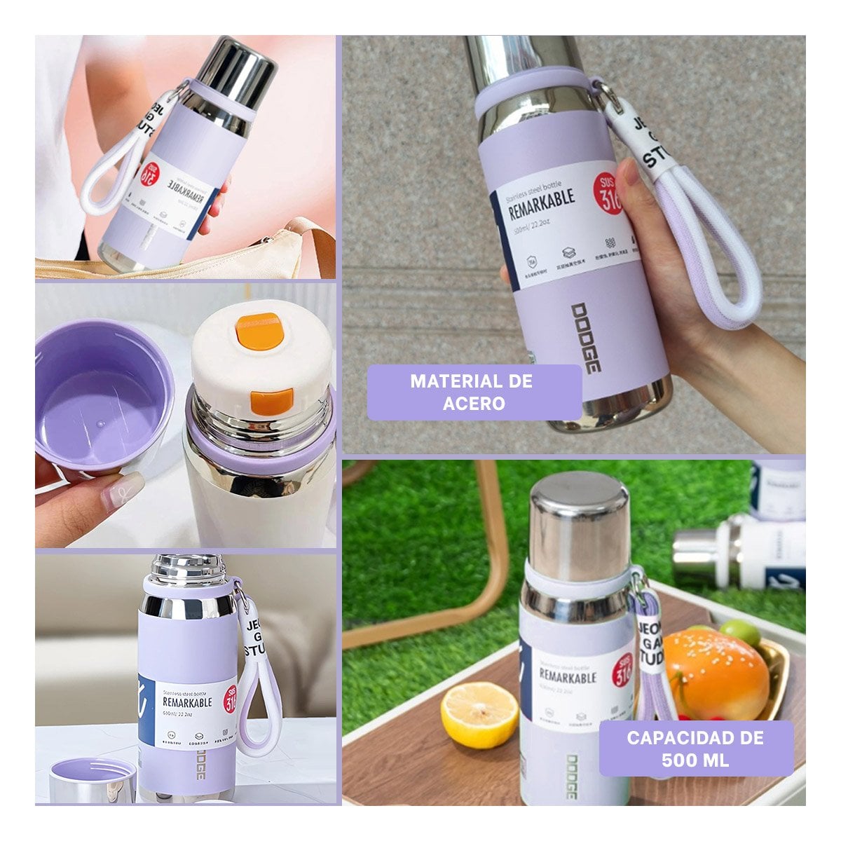 BOTELLA TÉRMICA LILA 500ML PARA TRANSPORTE FÁCIL DE BEBIDAS DIARIAS Y+POST IT - 5