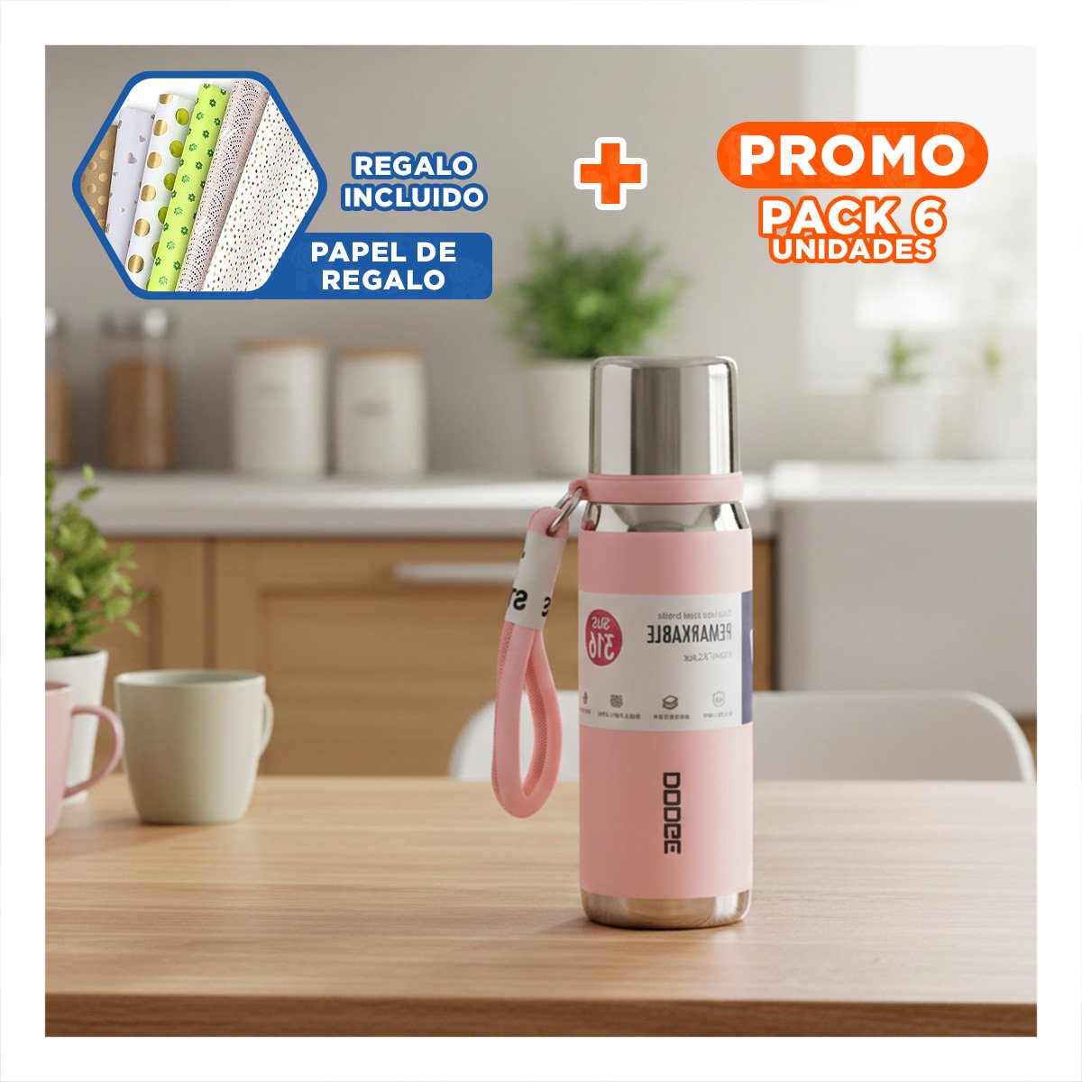 PACK6 CONTENEDOR ROSADO 500ML CON TAPA HERMÉTICA PARA TRANSPORTE DE BEBIDAS Y+PAPEL REGALO - 1