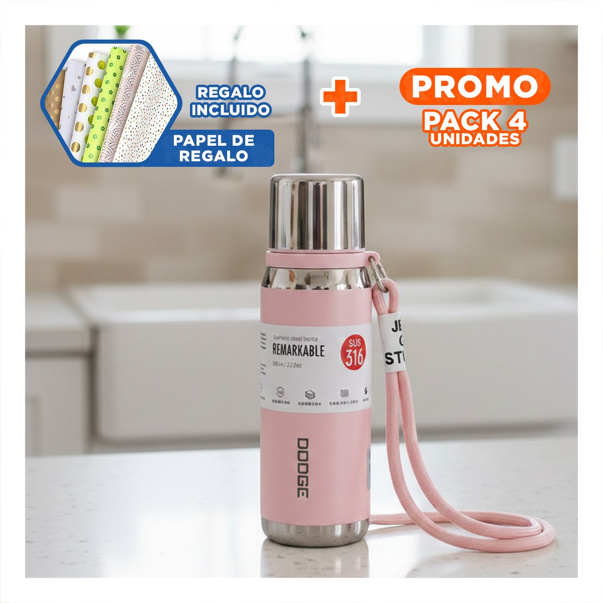 PACK4 ENVASE ROSADO 500ML CON TAPA SEGURA PARA CAFÉ TÉ Y BEBIDAS CALIENTES Y+PAPEL REGALO - 1