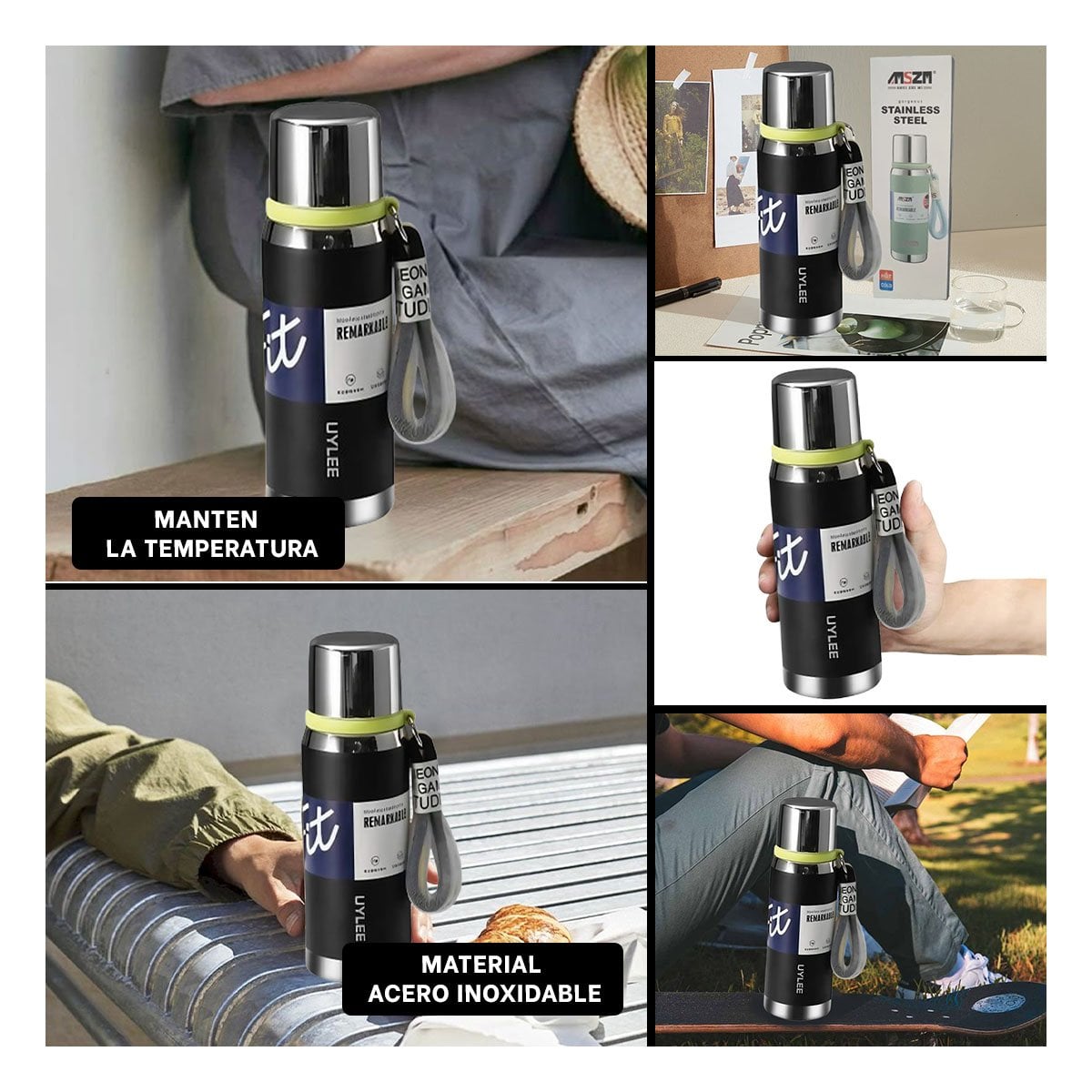 BOTELLA TÉRMICA NEGRO 800ML PARA TRANSPORTE FÁCIL DE BEBIDAS DIARIAS Y+POST IT - 5