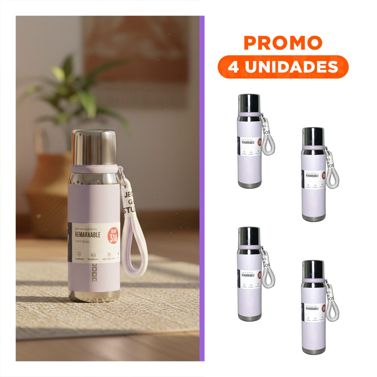 PACK4 CONTENEDOR LILA 800ML CON TAPA SEGURA PARA CAFÉ TÉ Y BEBIDAS CALIENTES Y+REGALO STICKER - 1