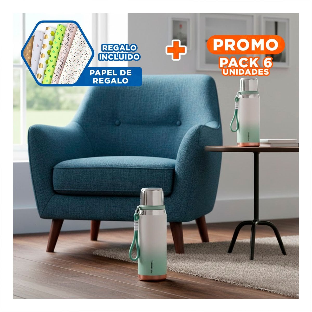 PACK6 CONTENEDOR DEGRADADO VERDE AGUA 800ML CON TAPA HERMÉTICA TRANSPORTE Y+PAPEL REGALO - 1