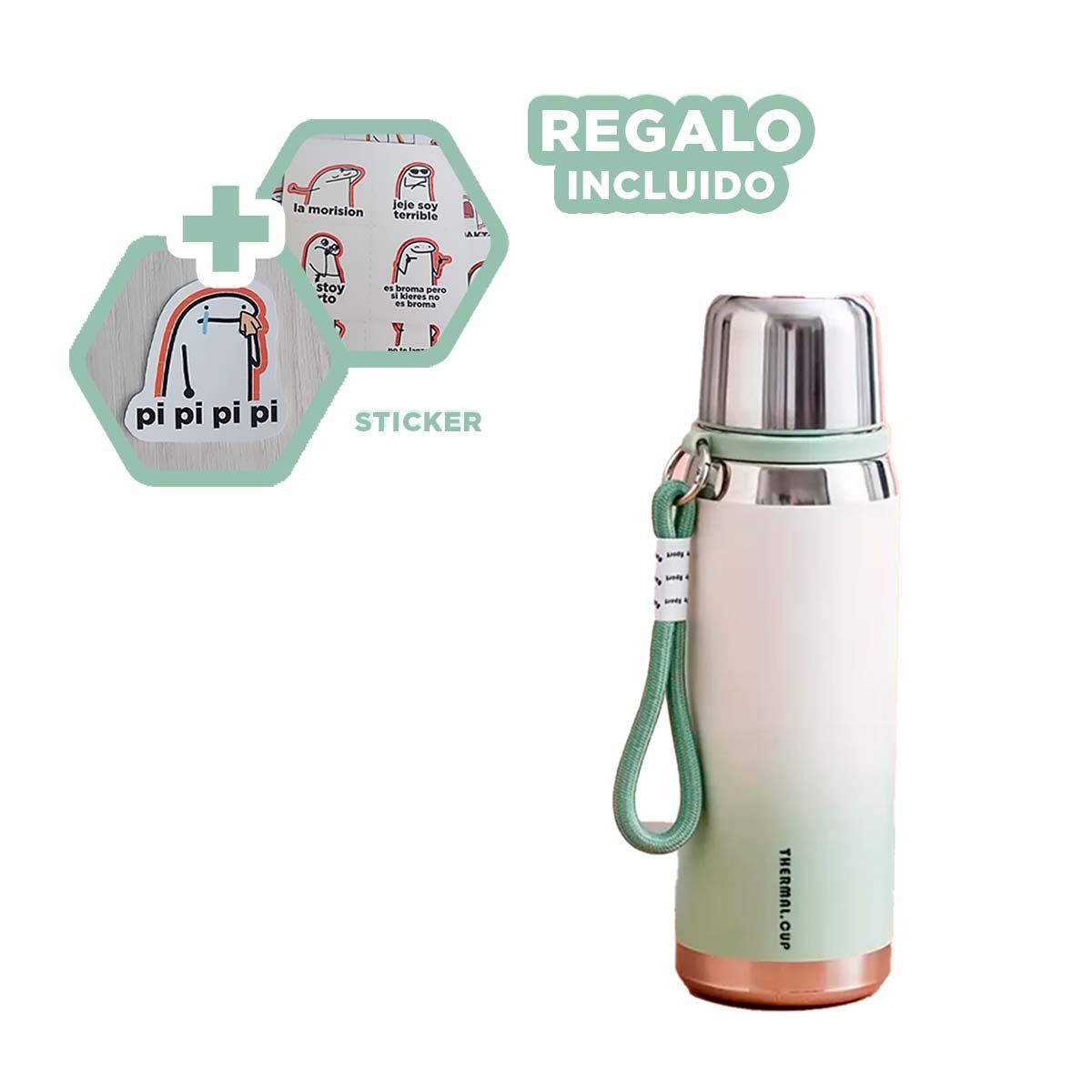 BOTELLA TÉRMICA DEGRADADO VERDE AGUA 800ML PARA BEBIDAS CALIENTES Y FRÍAS Y+REGALO STICKER - 1