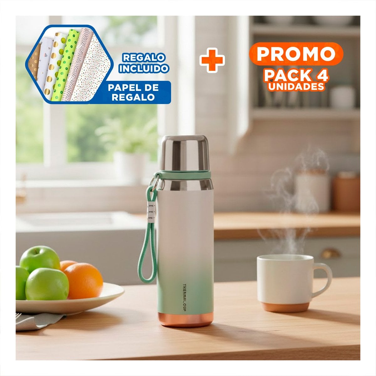PACK4 ENVASE DEGRADADO VERDE AGUA 800ML CON TAPA SEGURA CAFÉ TÉ Y+PAPEL REGALO - 1
