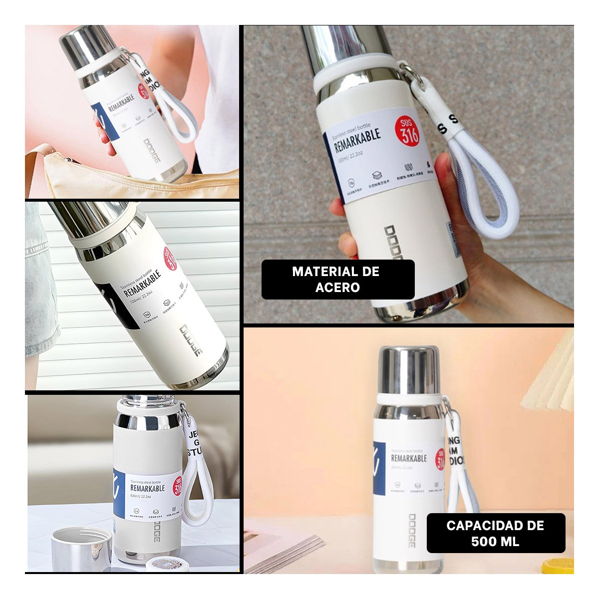 BOTELLA TÉRMICA BLANCO 500ML CON TAPA SEGURA PARA CAFÉ TÉ Y JUGOS Y+LIGAS REGALO - 5