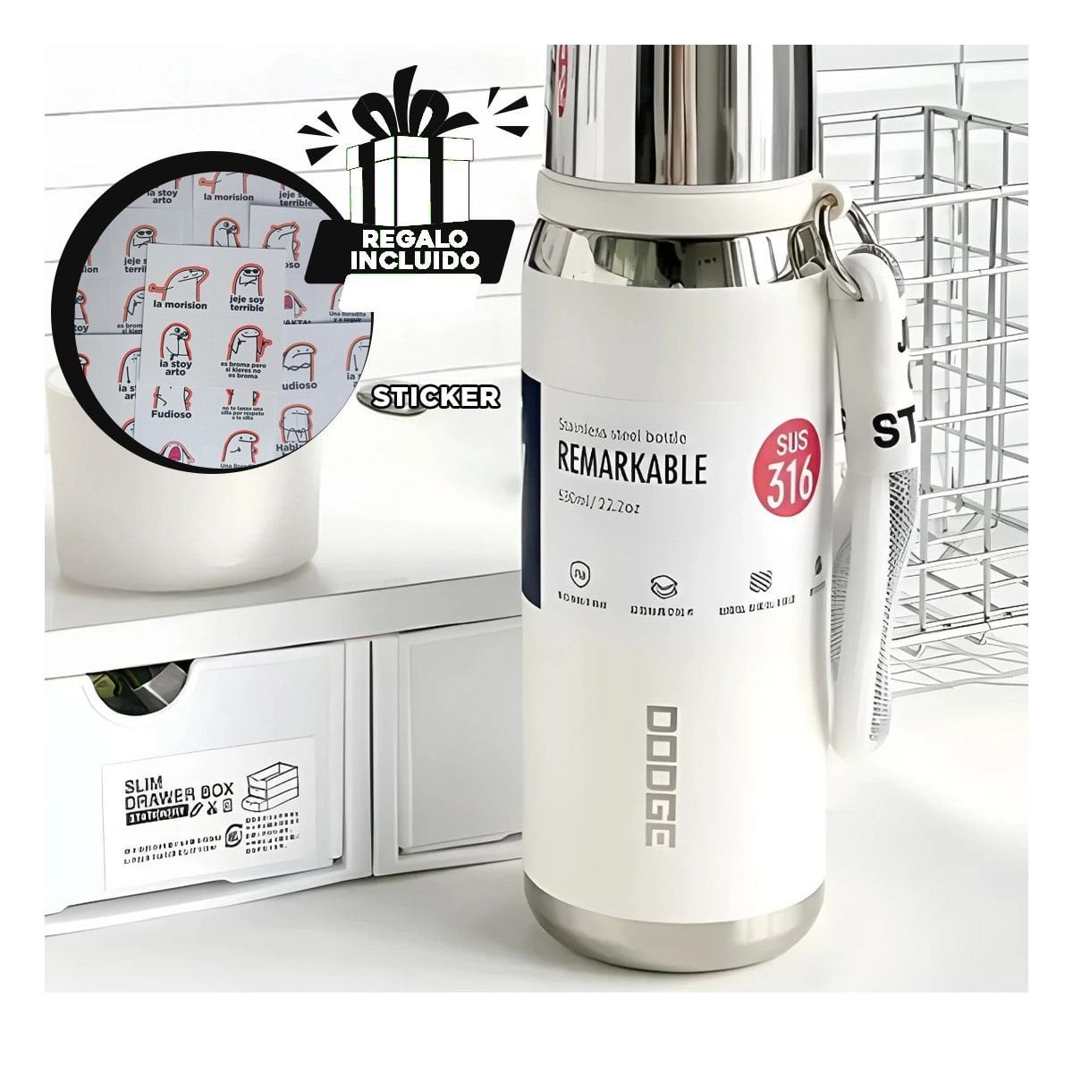 BOTELLA TÉRMICA BLANCO 500ML PARA BEBIDAS CALIENTES Y FRÍAS EN HOGAR Y+REGALO STICKER - 1