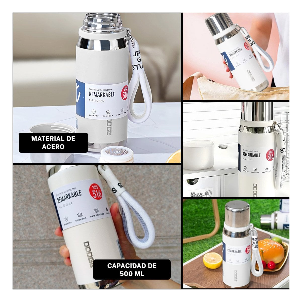 BOTELLA TÉRMICA BLANCO 500ML PARA TRANSPORTE FÁCIL DE BEBIDAS DIARIAS Y+POST IT - 5