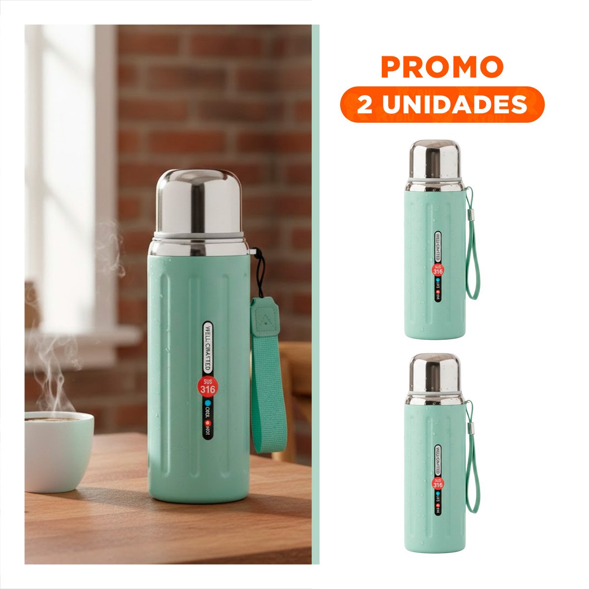 PACK2 CONTENEDOR 800ML VERDE AGUA LIGERO Y COMODO PARA LLEVAR BEBIDAS DIARIAS - 1