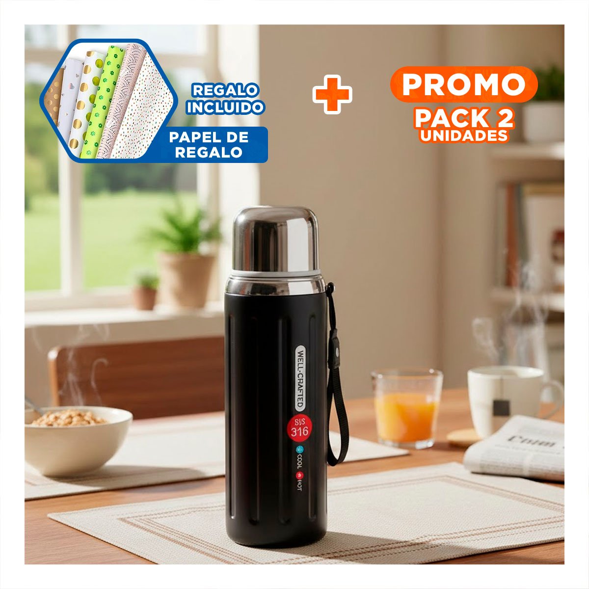 PACK2 RECIPIENTE 800ML NEGRO DEGRADADO PARA MANTENER BEBIDAS CALIENTES O FRIAS Y+PAPEL REGALO - 1