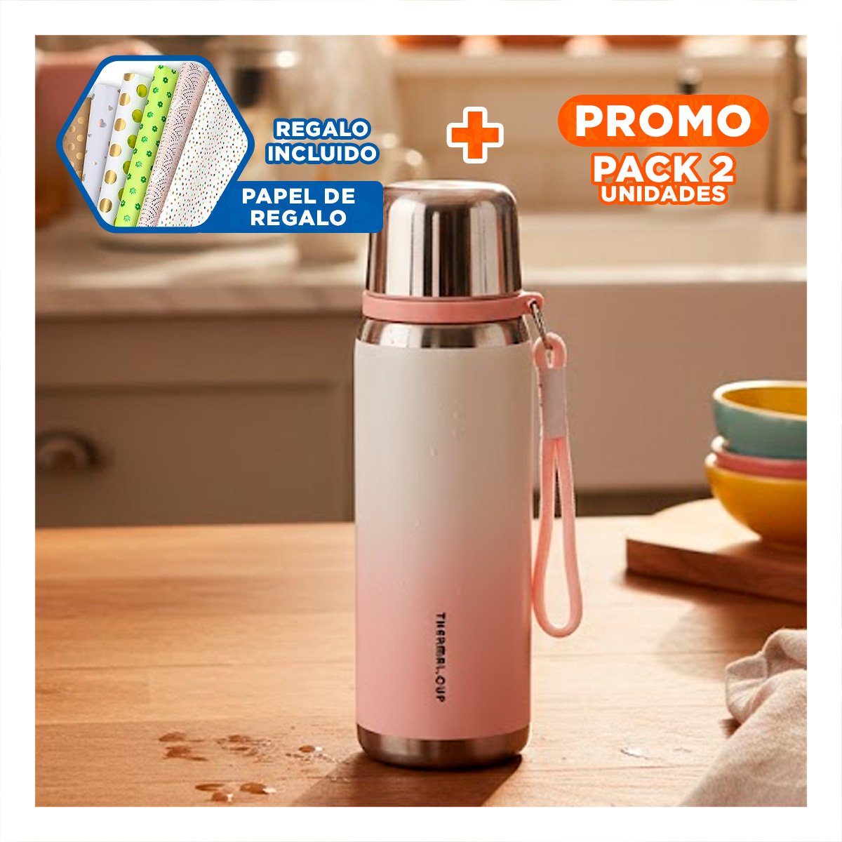 PACK2 RECIPIENTE 800ML ROSADO DEGRADADO PARA MANTENER BEBIDAS CALIENTES O FRIAS Y+PAPEL REGALO - 1