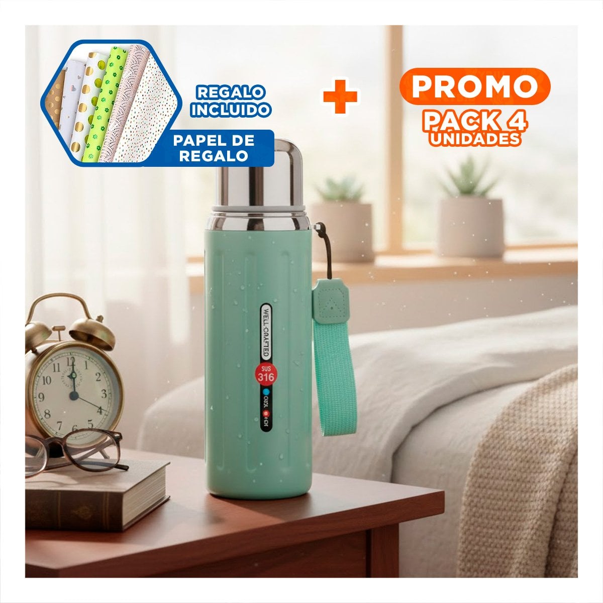 PACK4 RECIPIENTE 800ML VERDE AGUA CON DISEÑO MODERNO Y TAPA HERMETICA Y+PAPEL REGALO - 1