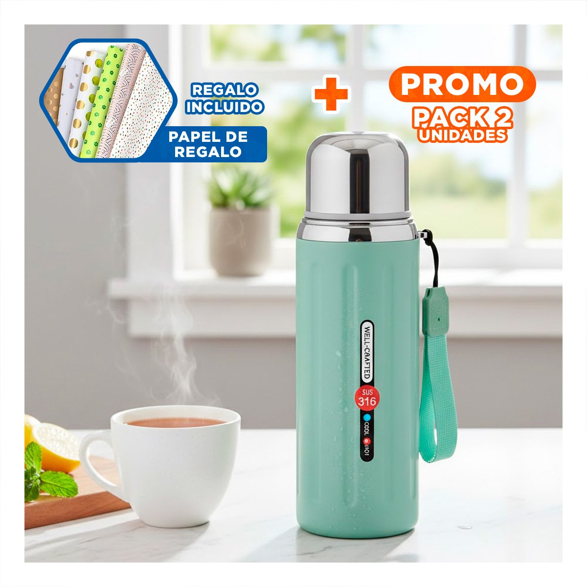 PACK2 RECIPIENTE 800ML VERDE AGUA DEGRADADO PARA MANTENER BEBIDAS Y+PAPEL REGALO - 1